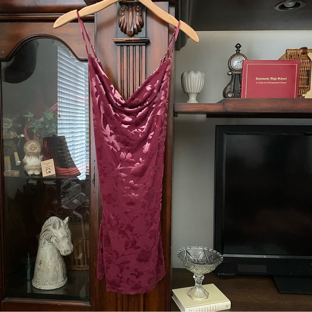 Floral Velvet Burnout Pink Purple Slip Dress sz M Cowl Neck Devore Mini Party - Picture 3 of 7